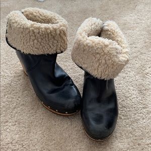 UGG Black Leather Clog Boots with Shearling Cuff